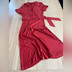 Banana Republic Burnt Orange Soft Rayon Dress Short Sleeves Collar Tie Waist (M)